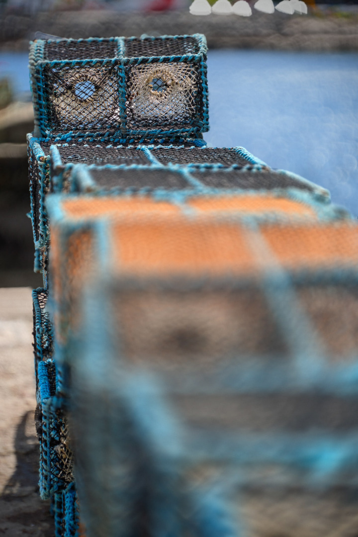 Close-up view of stacked fishing traps with blue netting, set against a blurred water background.
