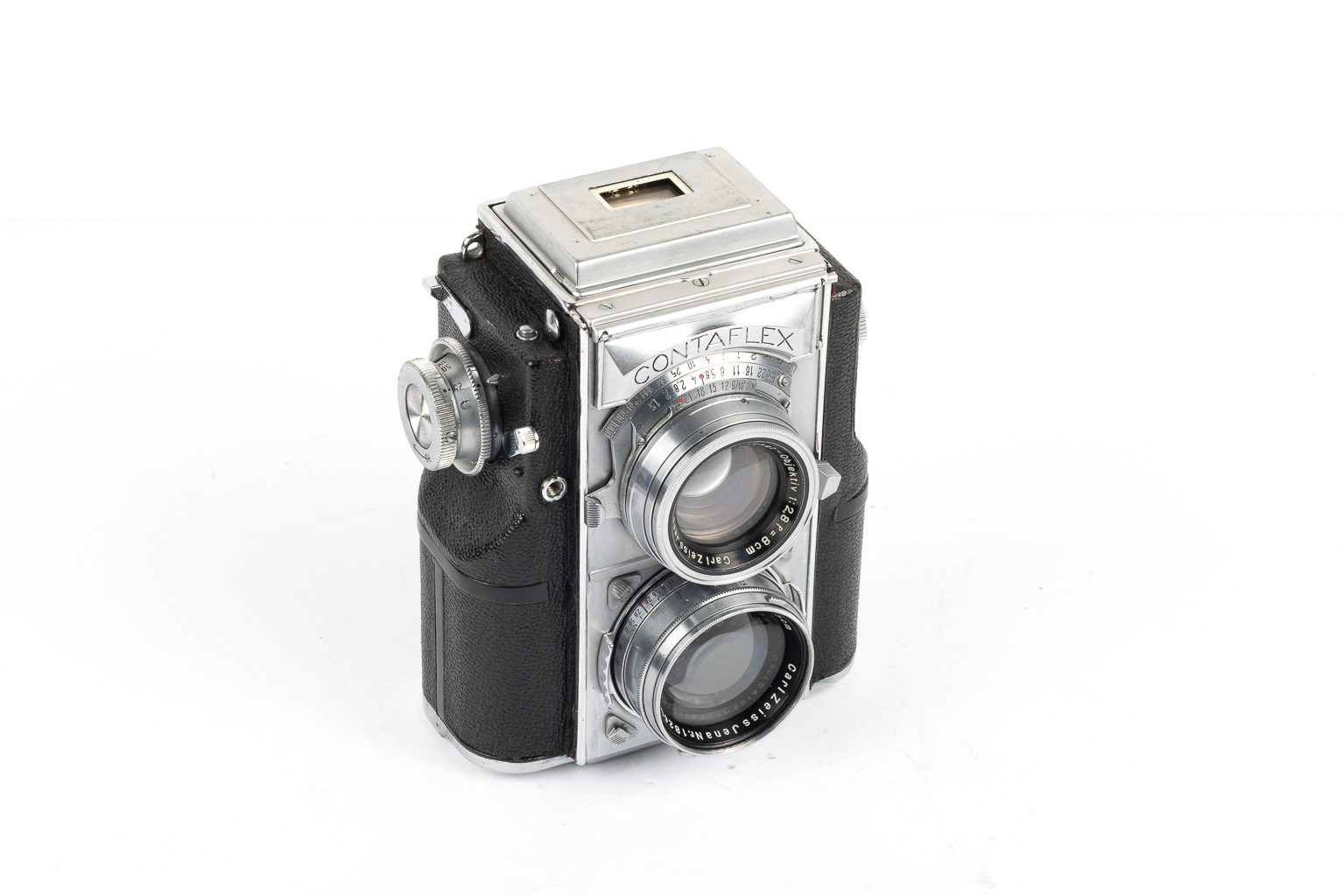Vintage Contaflex camera with dual lenses and a silver and black design