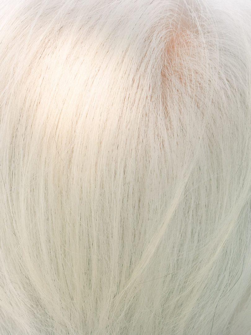 Close-up view of white, fine hair strands showing texture and sheen.