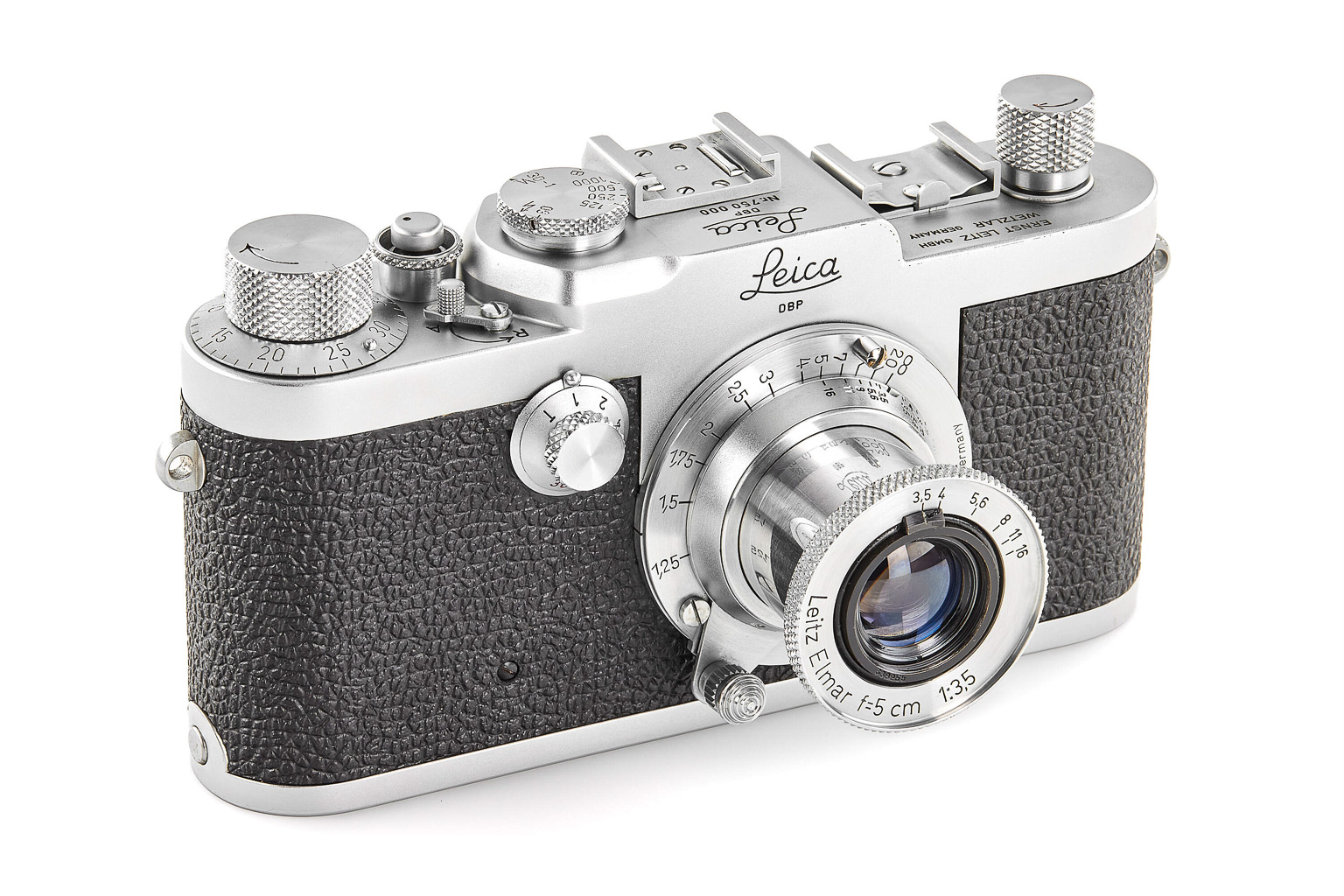 Vintage Leica camera with a silver and black textured body and a lens labeled 'Leitz Elmar f-5 cm 1:3.5'.