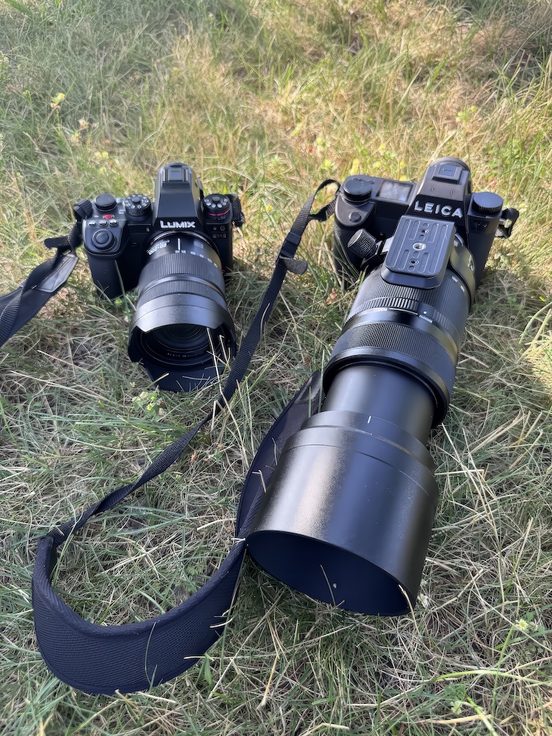 Two digital cameras with zoom lenses set down on grass.