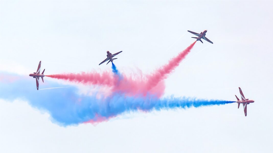 Four jet aircraft leaving a trail of red and blue smoke.