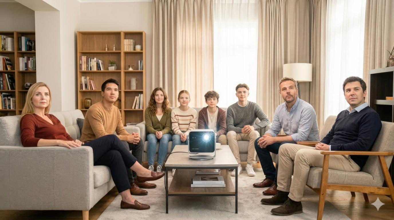 AI-generated image of family gathered to view a digital slide show, using the Leica Cine Compact 1 projector