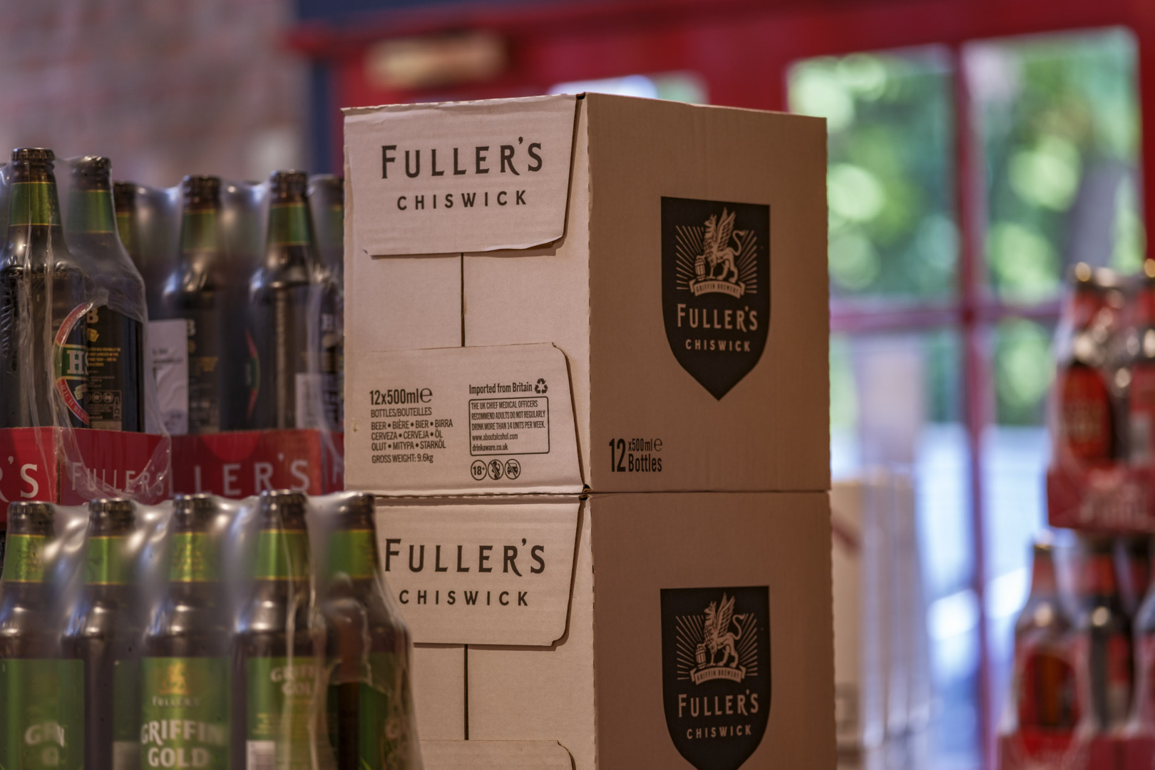 Boxes and bottles in brewery shop