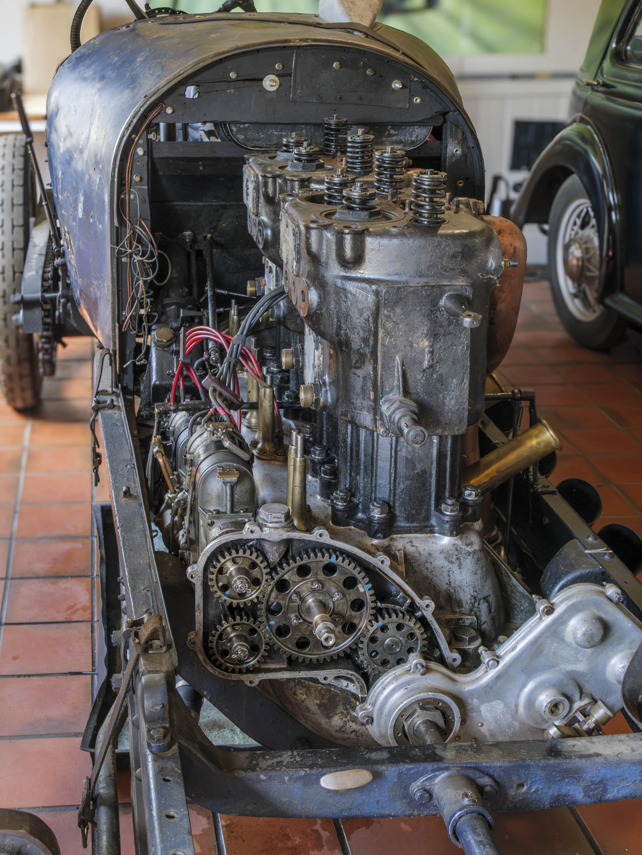 Stripped engine of vintage racing car