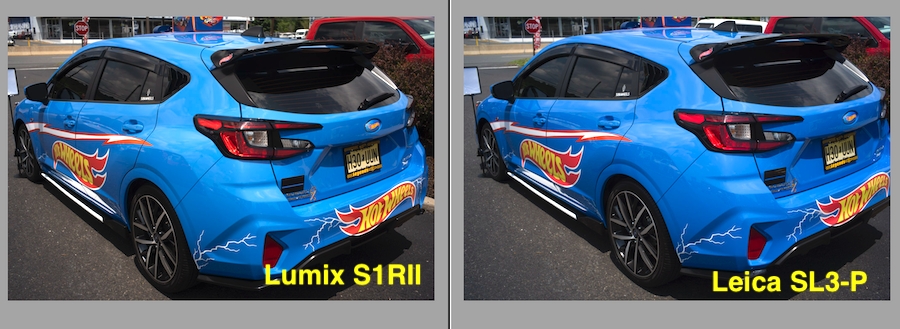 Side-by-side photo of blue race car with Hot Wheels logo.