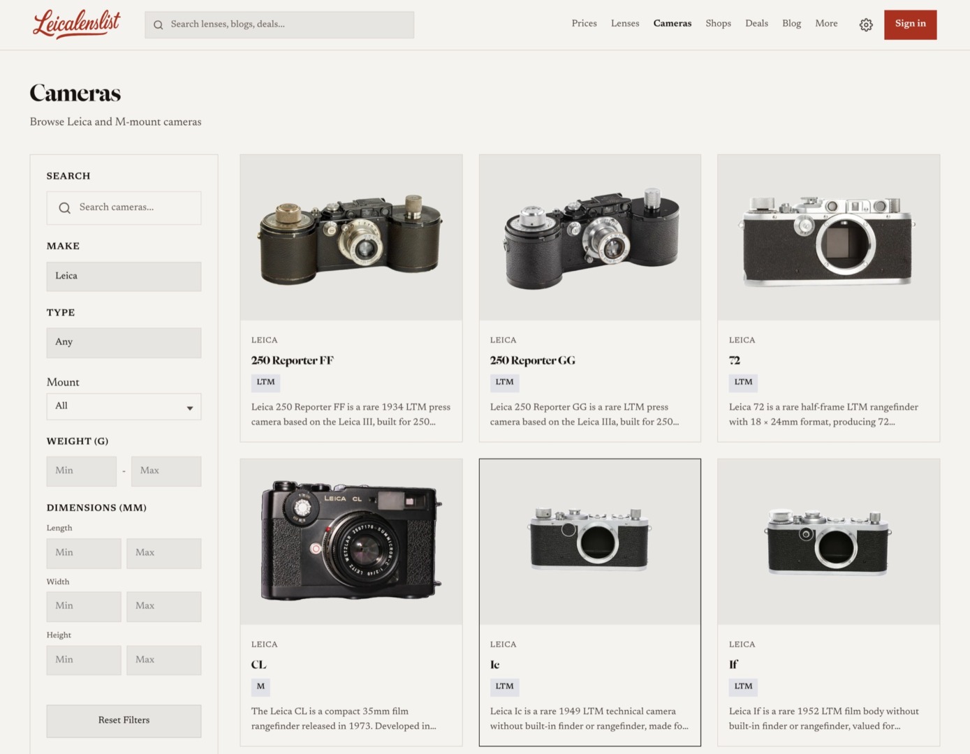 The cameras section filtered to Leica bodies