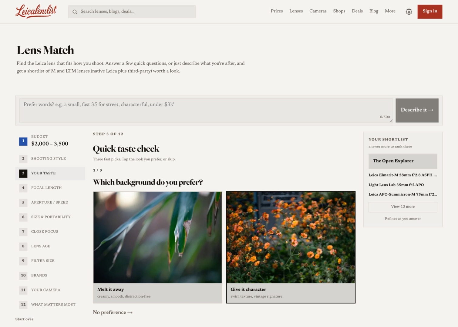 The lens finder, showing the twelve questions and a shortlist that updates as you answer