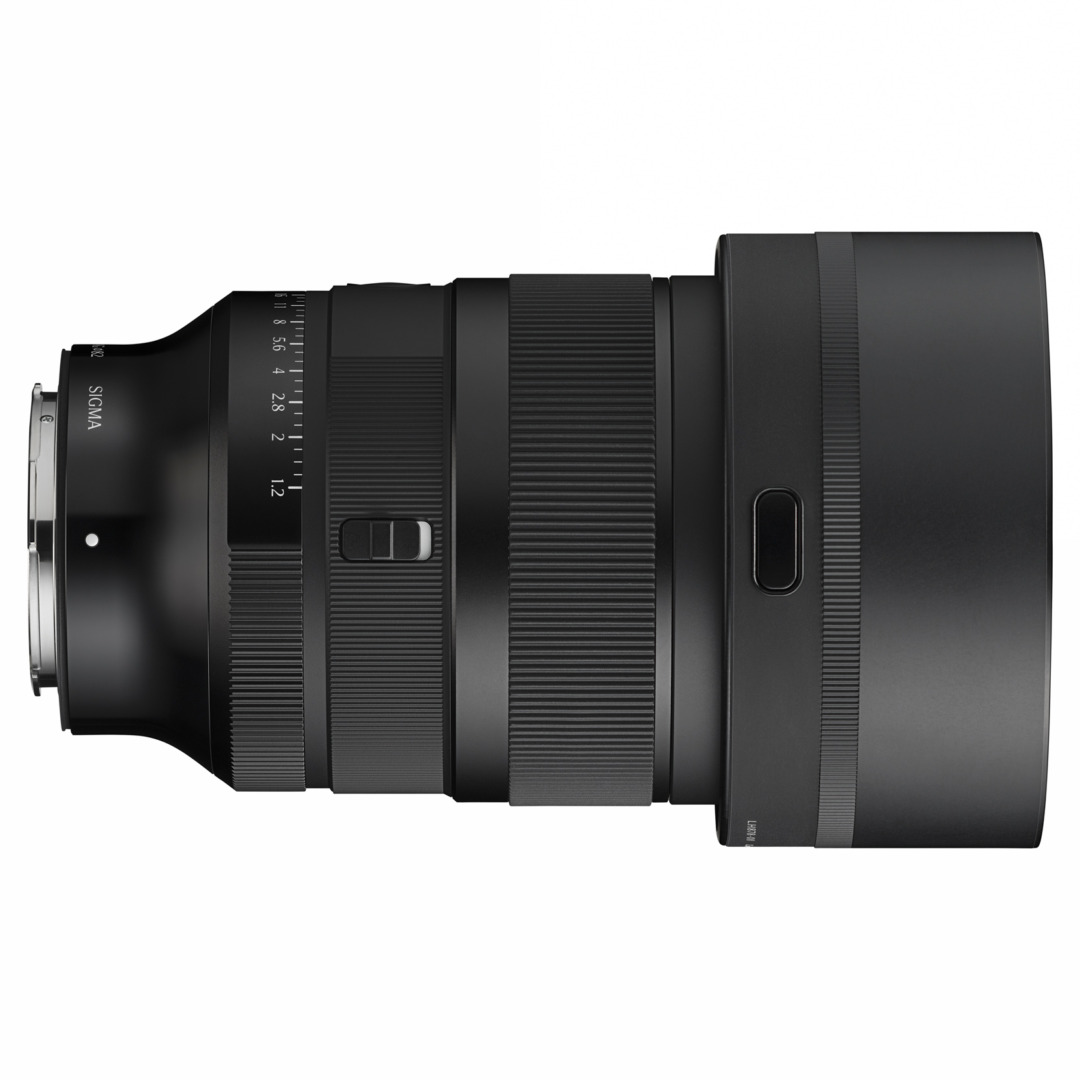Side view of the Sigma 85mm f/1.2 lens showing its aperture ring, click switch and focus mode switch, against a white background.
