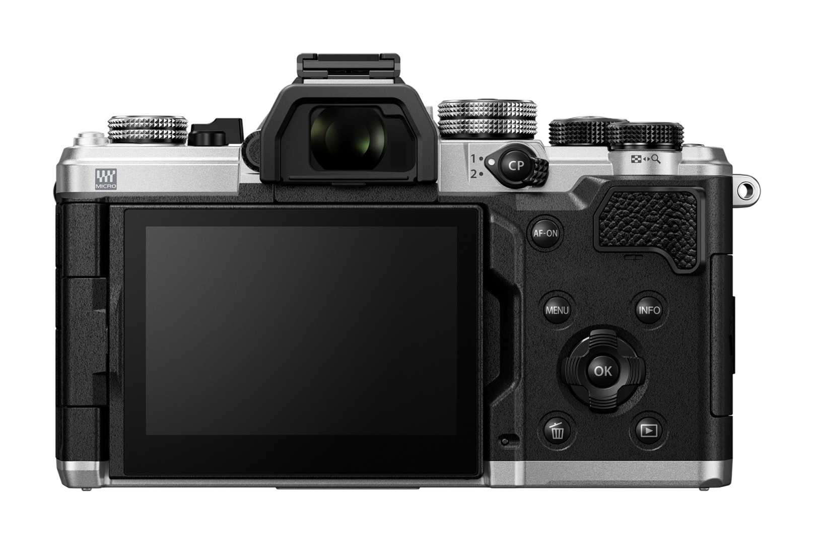 Back view of a digital camera with a large LCD screen and various control buttons.