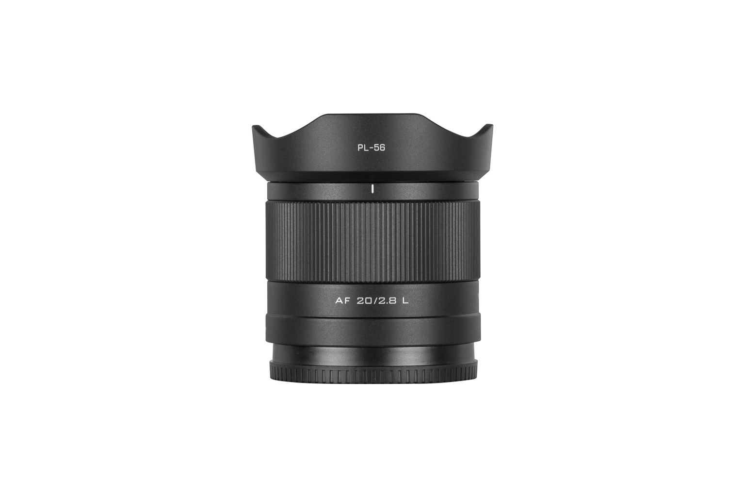 A black camera lens with a focus ring and lens hood, labeled AF 20/2.8 L.