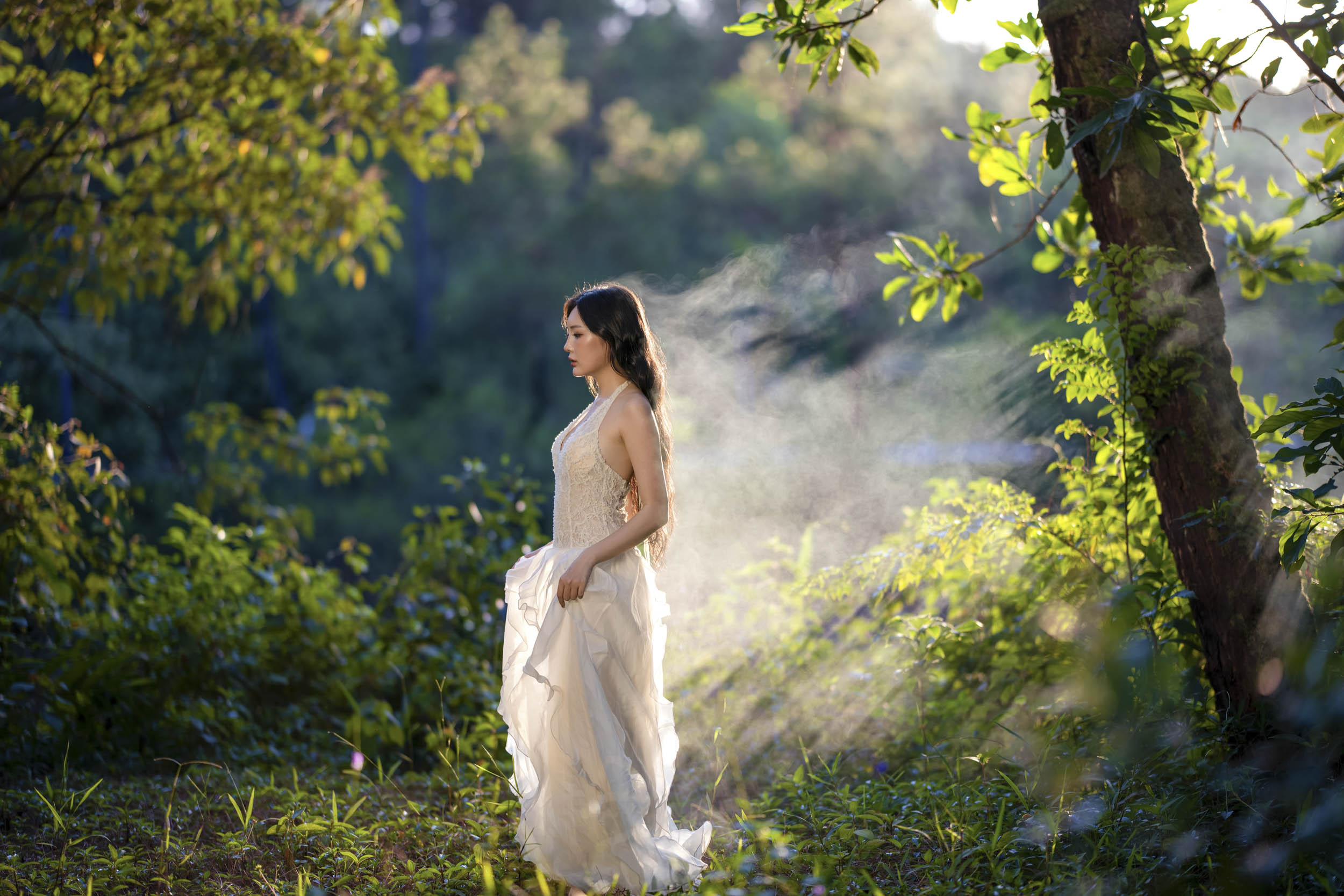 A woman in a flowing cream dress standing in a misty, sunlit forest clearing.