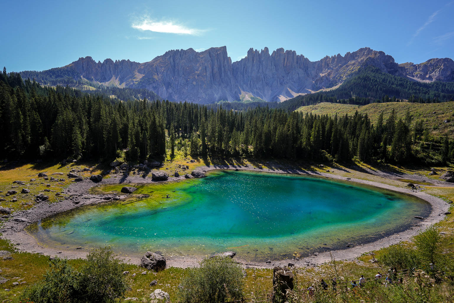 A scenic view of a turquoise lake surrounded by lush green forests and rocky terrain, with mountains in the background under a clear blue sky.