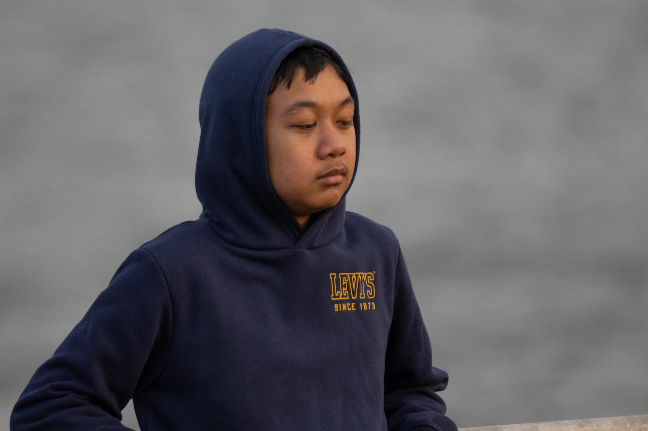 A close portrait of a teenage boy in a navy hooded sweatshirt looking down, lit by warm evening light.