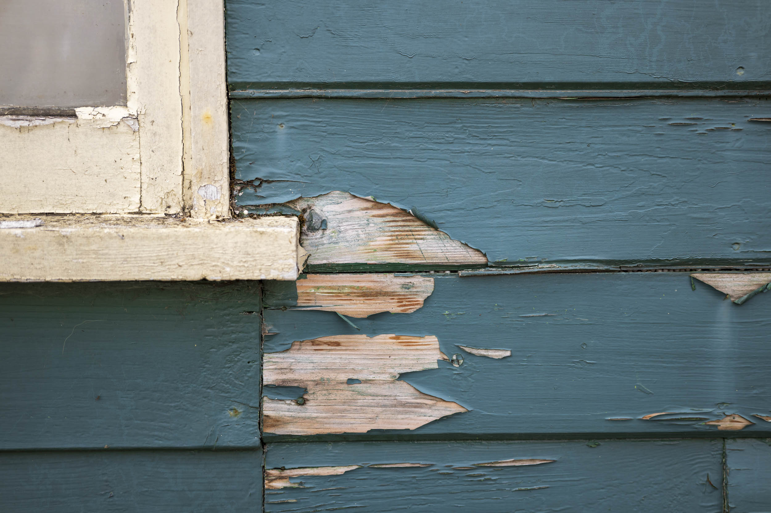 A weathered window frame with peeling paint, against a teal-painted clapboard wall.